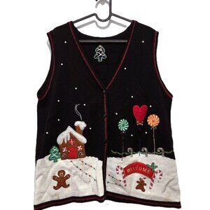 Ugly Christmas Sweater Vest CAT Back Gingerbread Man Candy Cane Pom Poms Sz XL
